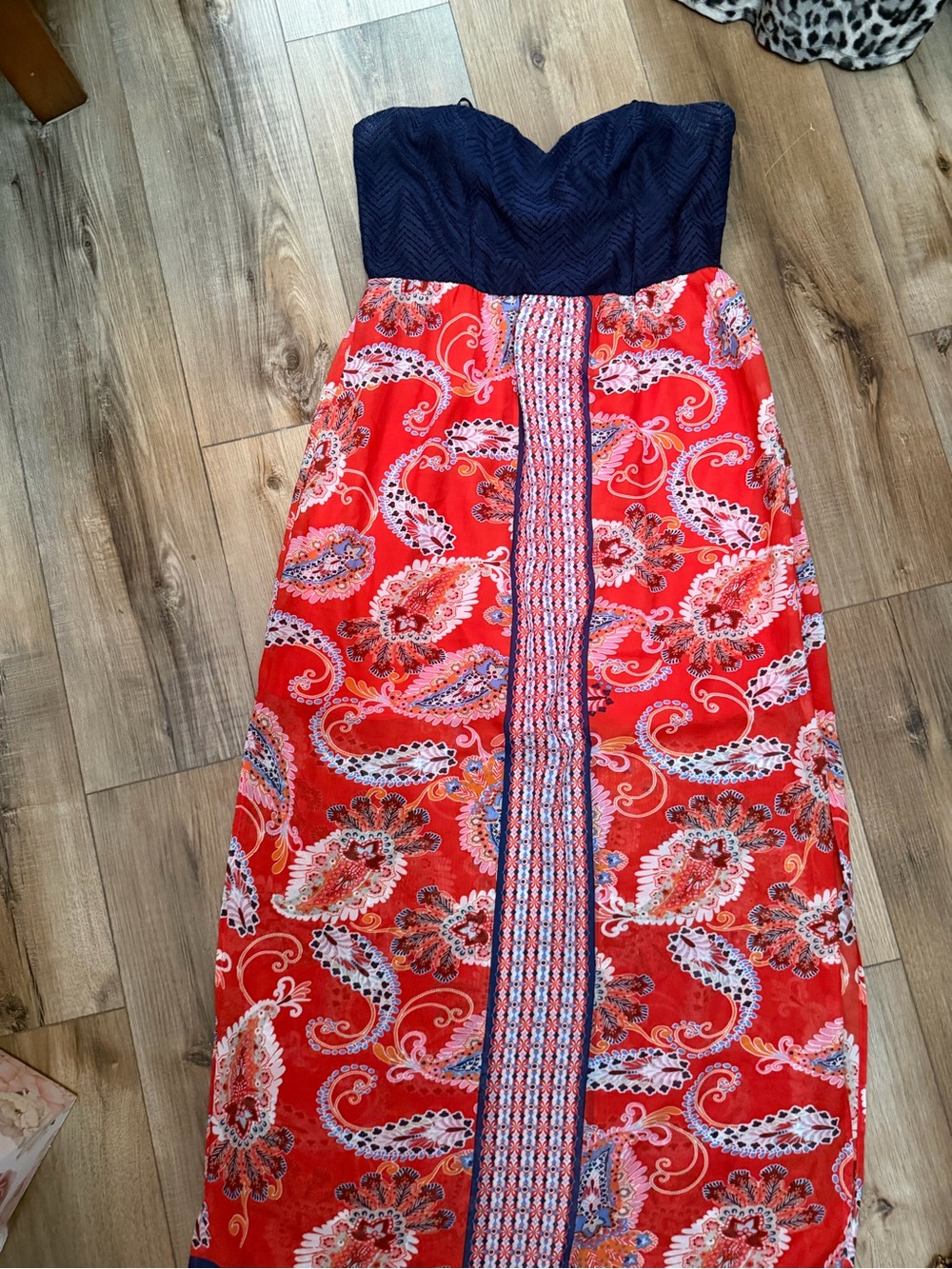 Strapless Navy and Red Paisley Maxi Dress